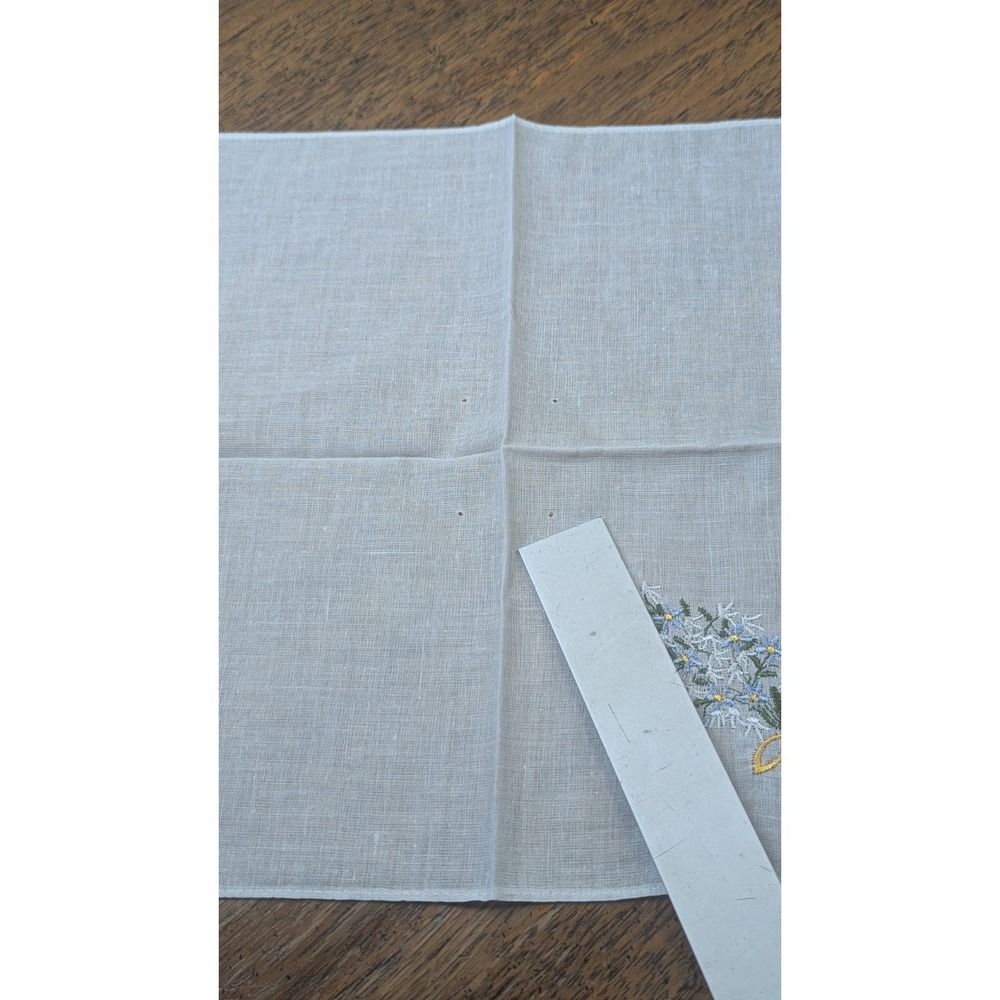 Hand Embroidered White Cotton Handkerchief Blue Flowers - Set Of 4 - - Picture 6 of 10